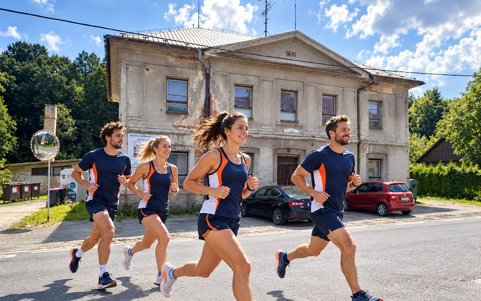 Running illustration for Pokrzywna: adult runners in a destination setting; not the featured race edition or its course.