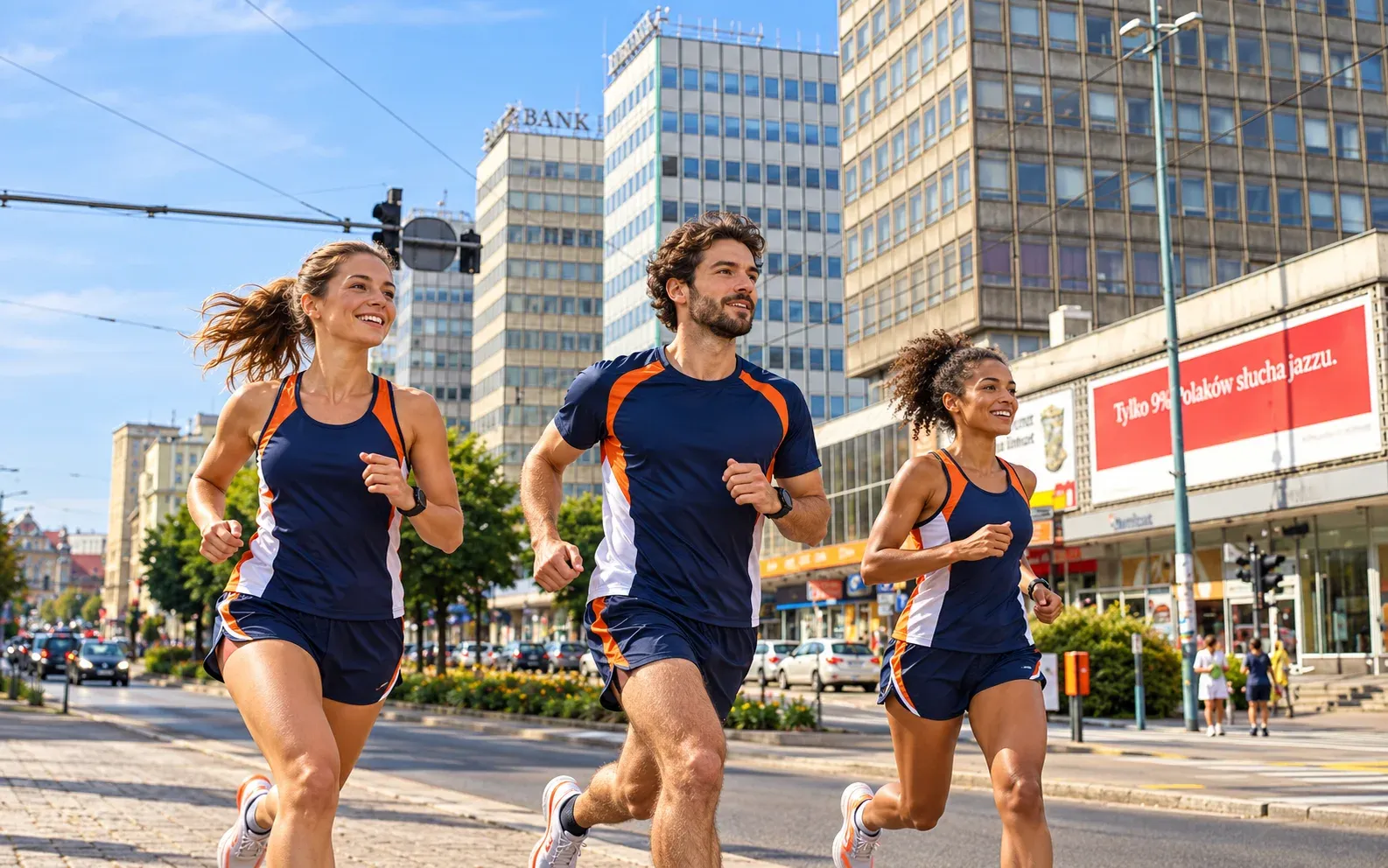 Running illustration for Poznań: adult runners in a destination setting; not the featured race edition or its course.