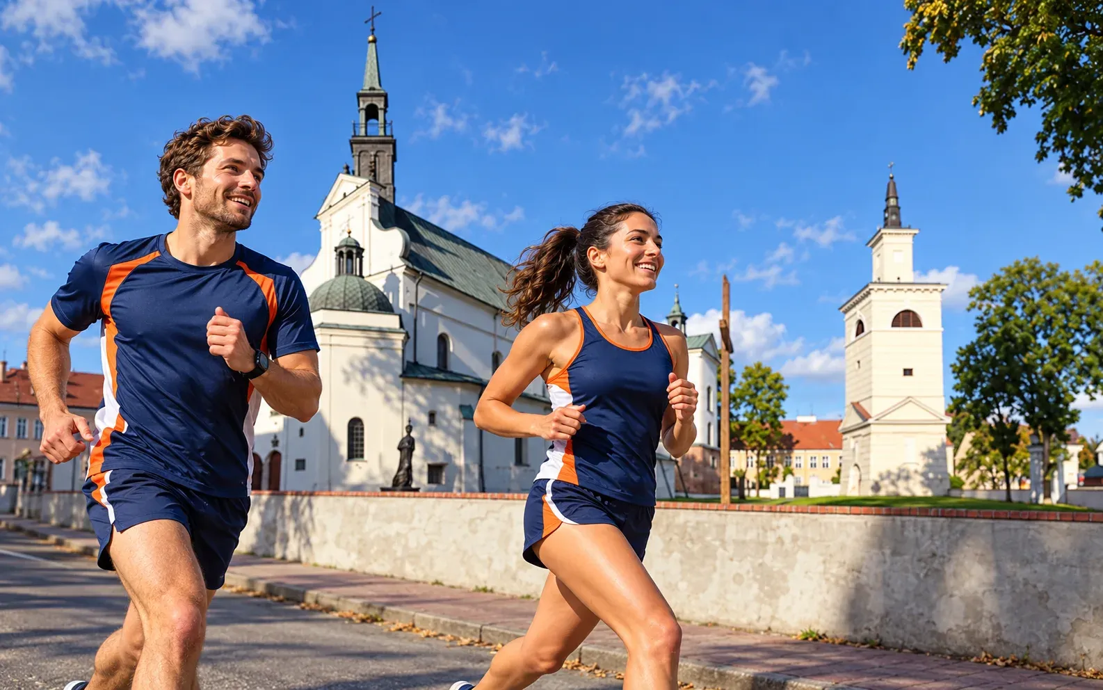Running illustration for Pułtusk: adult runners in a destination setting; not the featured race edition or its course.