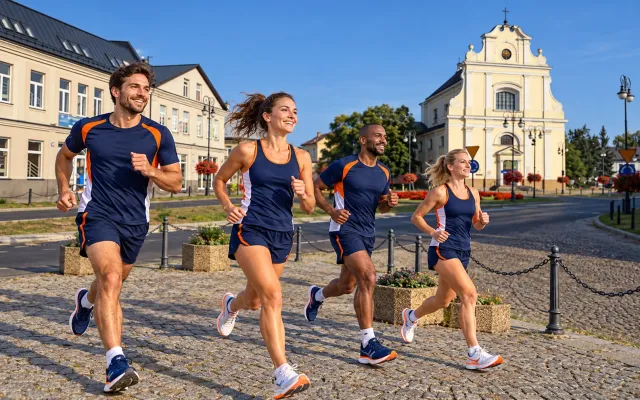 Running illustration for Radom: adult runners in a destination setting; not the featured race edition or its course.