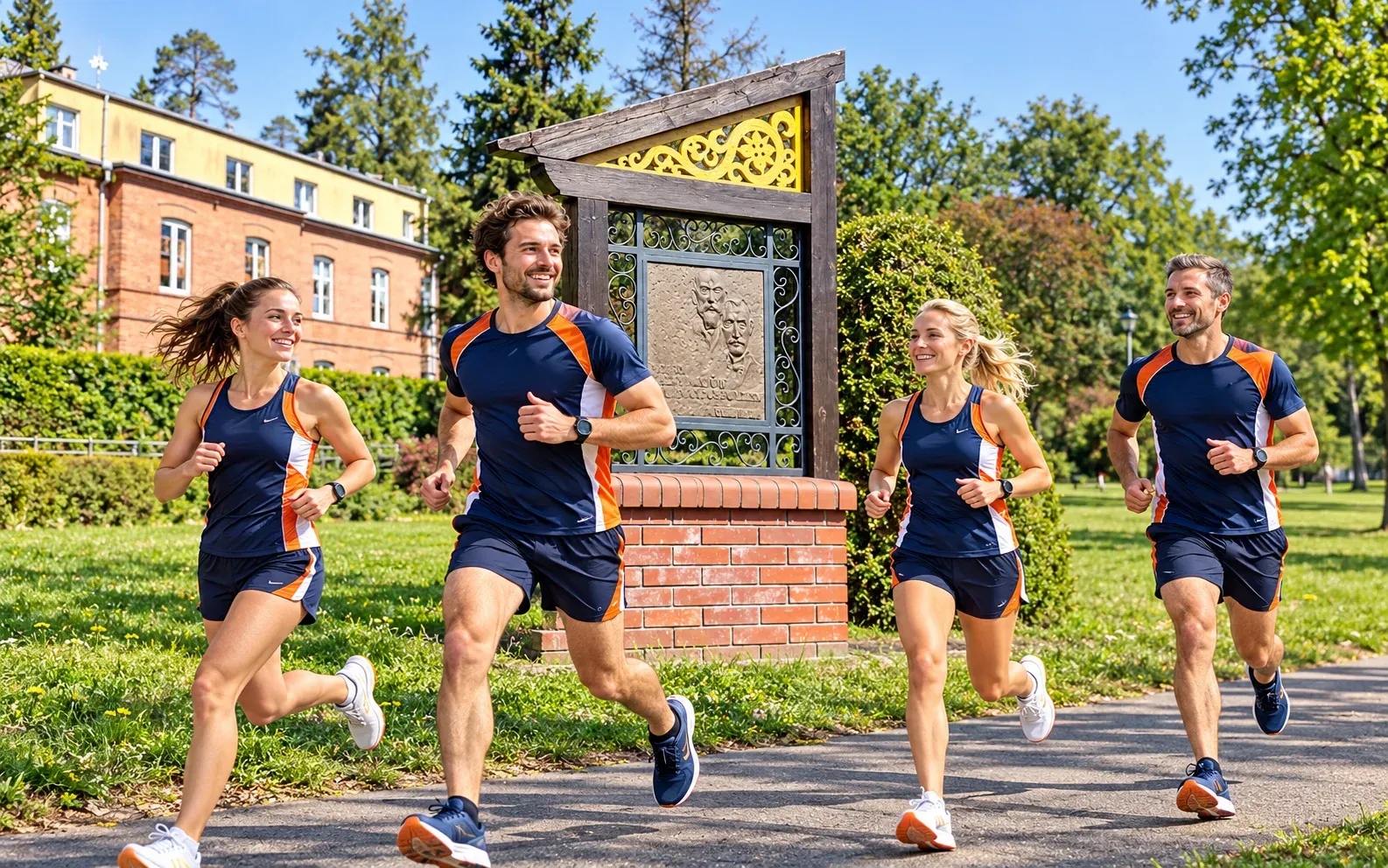 Running illustration for Spała: adult runners in a destination setting; not the featured race edition or its course.