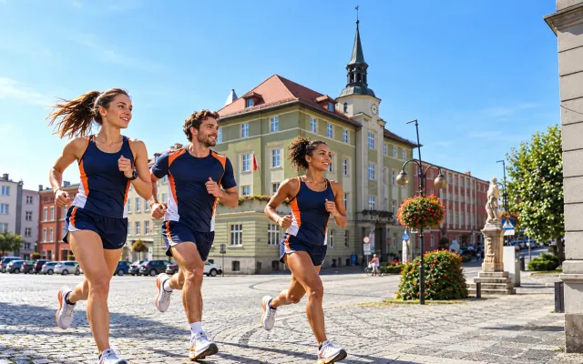 Running illustration for Strzegom: adult runners in a destination setting; not the featured race edition or its course.