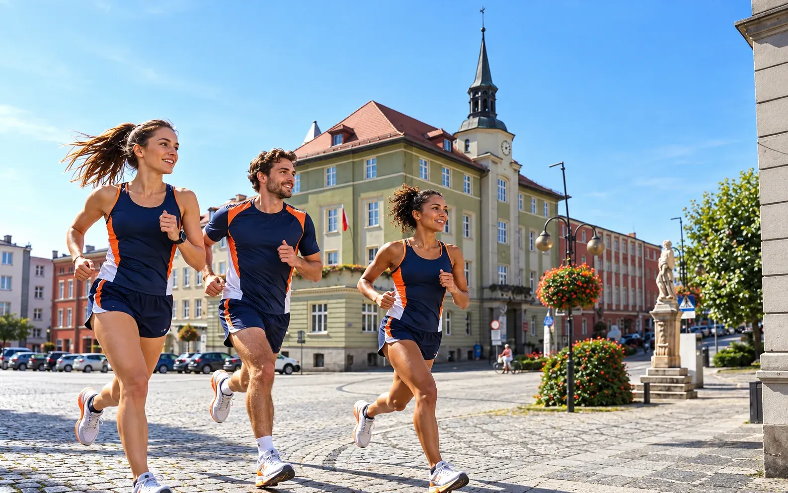 Running illustration for Strzegom: adult runners in a destination setting; not the featured race edition or its course.