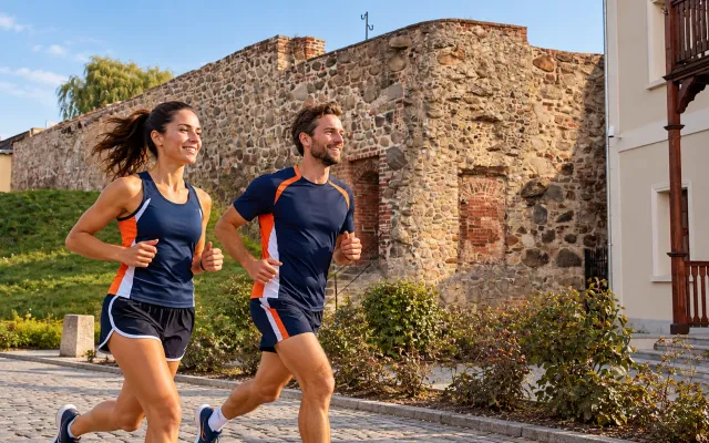 Running illustration for Sulęcin: adult runners in a destination setting; not the featured race edition or its course.