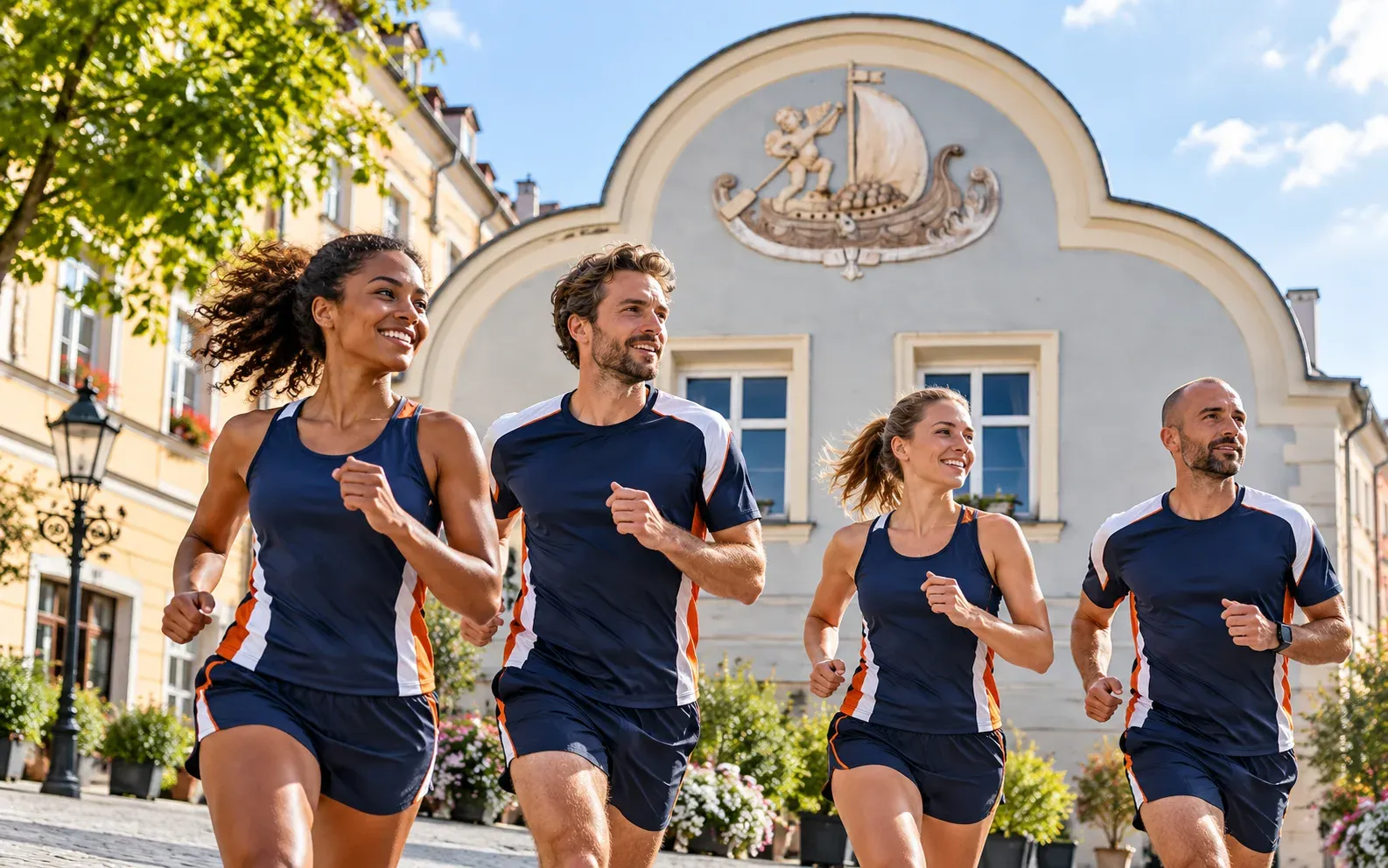 Running illustration for Świdnica: adult runners in a destination setting; not the featured race edition or its course.
