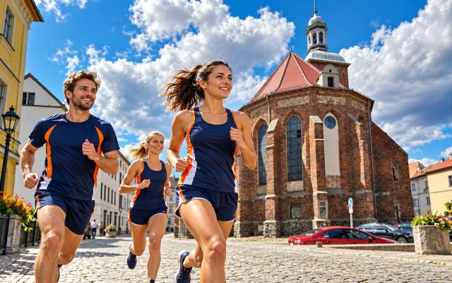 Running illustration for Szprotawa: adult runners in a destination setting; not the featured race edition or its course.