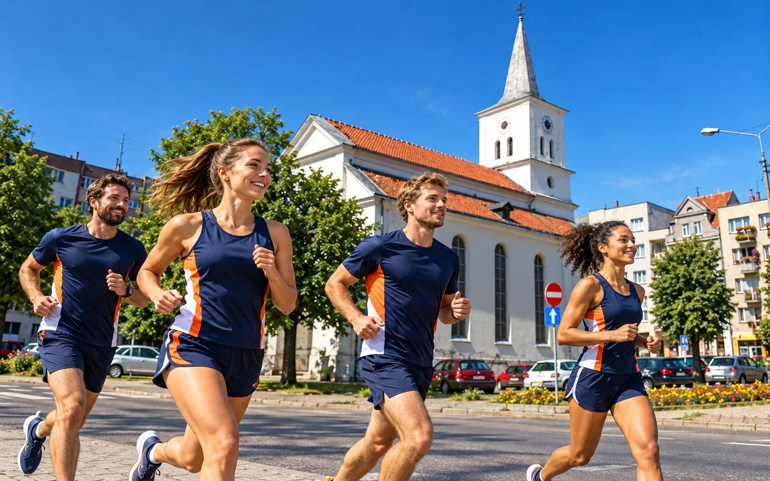 Running illustration for Sztum: adult runners in a destination setting; not the featured race edition or its course.