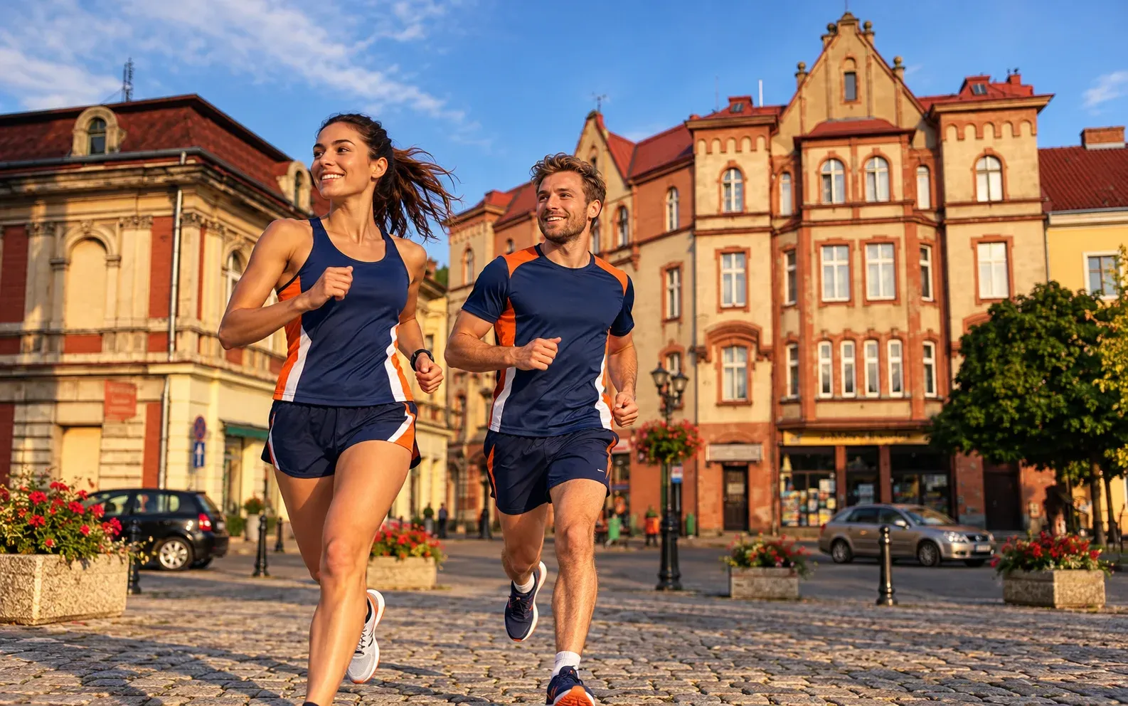 Running illustration for Tarnowskie Góry: adult runners in a destination setting; not the featured race edition or its course.