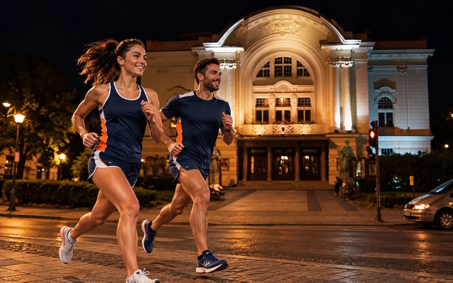 Running illustration for Toruń: adult runners in a destination setting; not the featured race edition or its course.