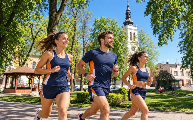 Running illustration for Uniejów: adult runners in a destination setting; not the featured race edition or its course.