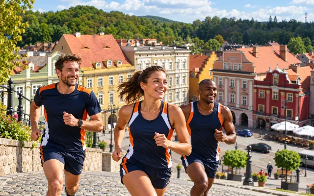 Running illustration for Wałbrzych: adult runners in a destination setting; not the featured race edition or its course.