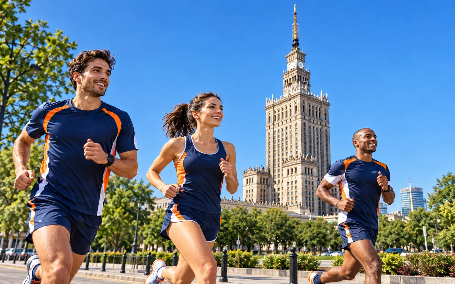 Running illustration for Warszawa: adult runners in a destination setting; not the featured race edition or its course.