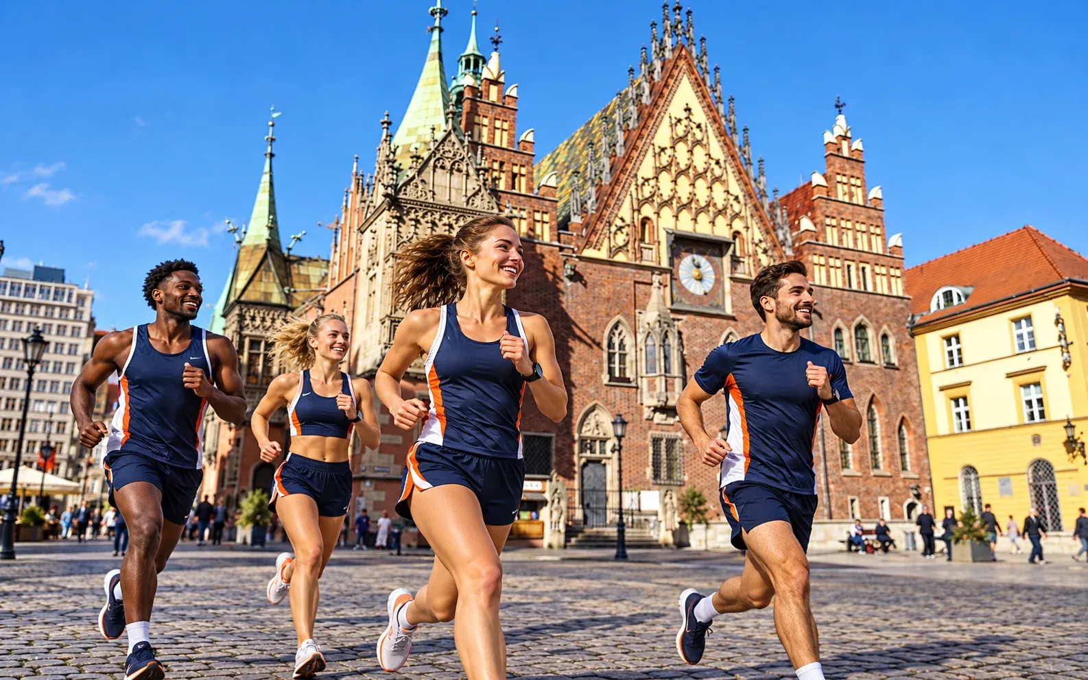 Running illustration for Wrocław: adult runners in a destination setting; not the featured race edition or its course.