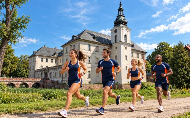 Running illustration for Zabor: adult runners in a destination setting; not the featured race edition or its course.