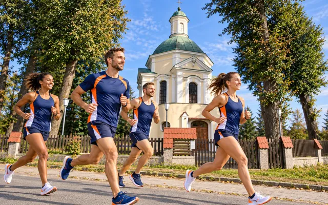 Running illustration for Zaczernie: adult runners in a destination setting; not the featured race edition or its course.
