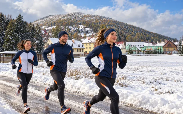 Running illustration for Zawoja: adult runners in a destination setting; not the featured race edition or its course.