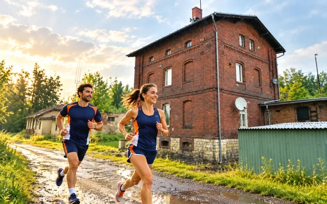Running illustration for Zębowice: adult runners in a destination setting; not the featured race edition or its course.