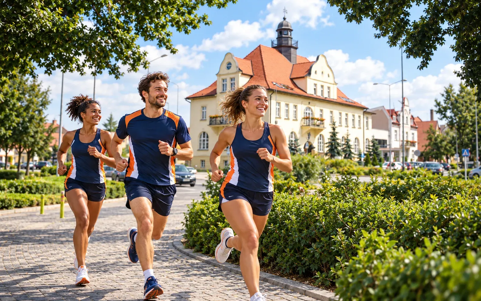 Running illustration for Złotów: adult runners in a destination setting; not the featured race edition or its course.