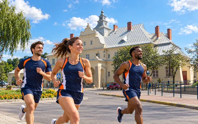 Running illustration for Żyrardów: adult runners in a destination setting; not the featured race edition or its course.