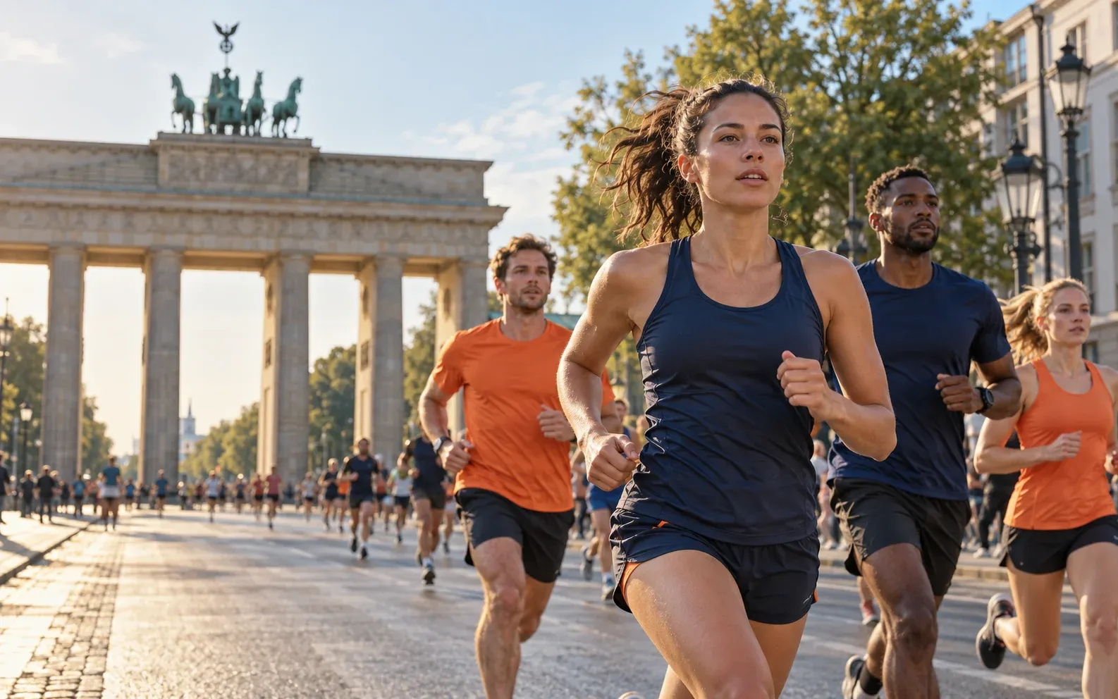 City-running illustration of adult runners beside Berlin’s Brandenburg Gate