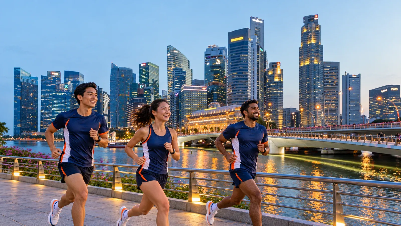 Running illustration for Singapore: adult runners in a destination setting; not the featured race edition or its course.