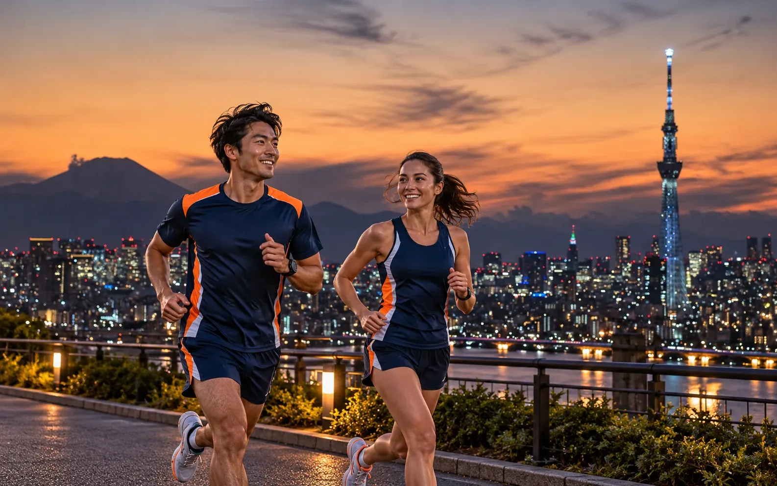 Running illustration for Tokyo: adult runners in a destination setting; not the featured race edition or its course.