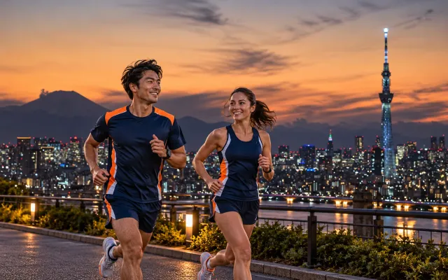 Running illustration for Tokyo: adult runners in a destination setting; not the featured race edition or its course.