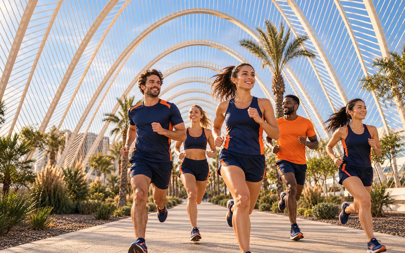 Running illustration for Valencia: adult runners in a destination setting; not the featured race edition or its course.