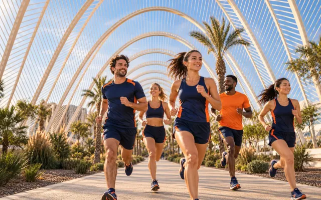 Running illustration for Valencia: adult runners in a destination setting; not the featured race edition or its course.